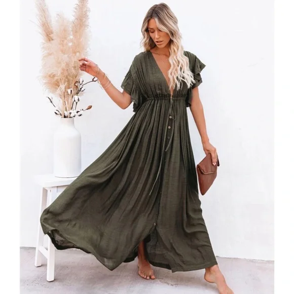 Olive Green Gauze Boho Button Maxi Coverup Dress - Picture 1 of 5